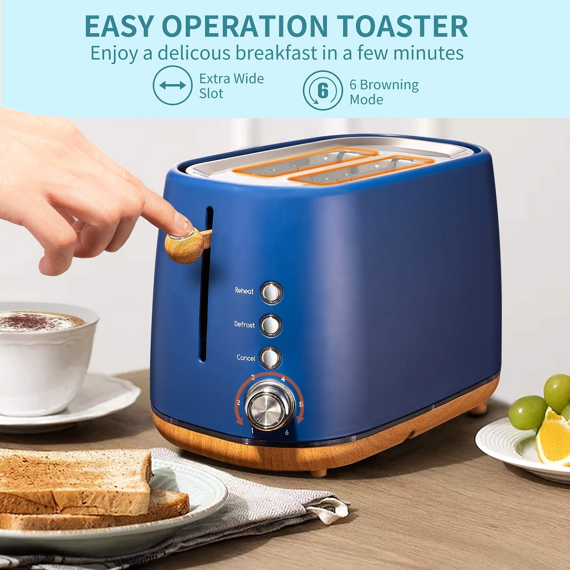 2-Slice Toaster Oven, Stainless Stee Wide Slot Toaster with Removable Crumb Tray, 6 Settings, Reheat, Defrost, Cancel Bread Function (Blue) - YK-688H 2-Slice Toaster Oven, Stainless Stee Wide Slot Toaster with Removable Crumb Tray, 6 Settings, Reheat, Defrost, Cancel Bread Function (Blue) - YK-688H